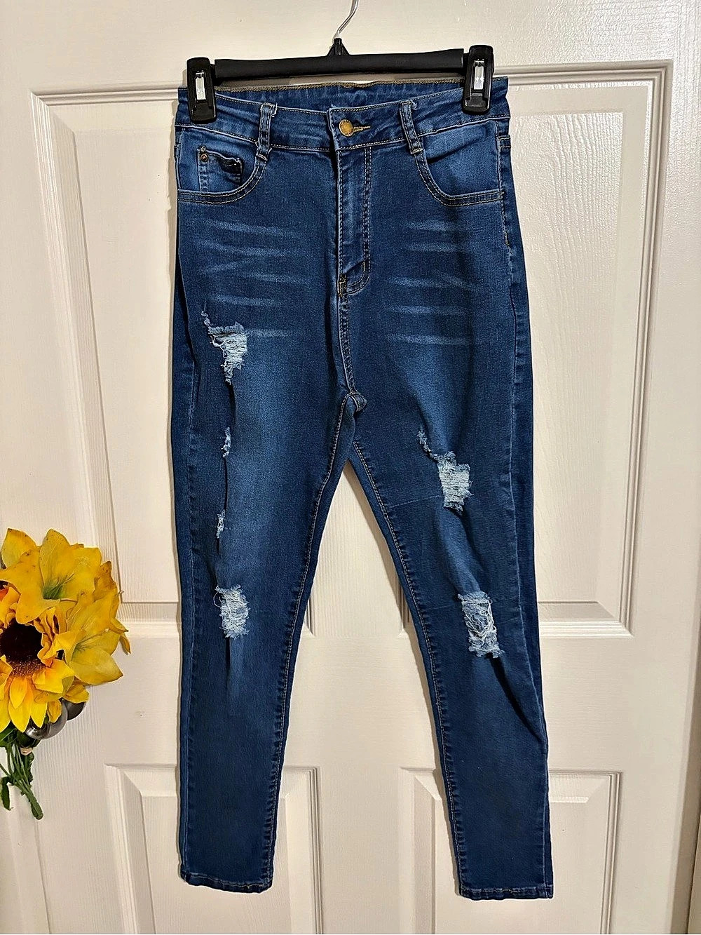 SHEIN High Waist Ripped Skinny Jeans Blue Medium
